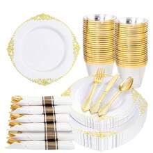 Nervure 700PCS Gold Plastic Plates - Gold Plastic Dinnerware Sets For 100 Guests - 200 Disposable Plates, 300 Silverware, 100 Cups, 100 Napkins For Wedding &Amp; Party - Vàng - Xem 10