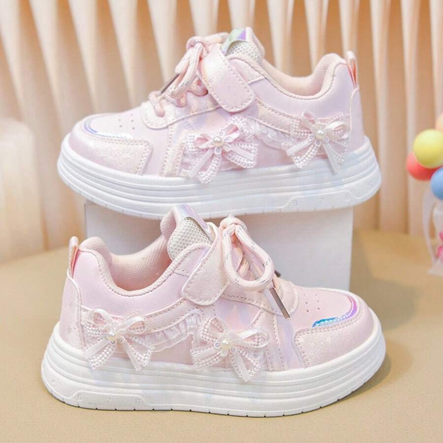 1 par de zapatos de lona para niñas con diseño de perlas y encaje, con cierre de , suela suave y resistente al desgaste, zapatos para niños - Rosa - Ver 1