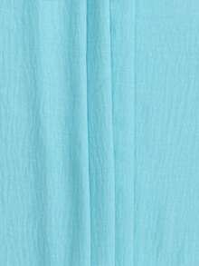 Fashion Me Solid Color Woven Pleated Texture Fabric Short Sleeve Mandarin Collar Fitted Polyester Fiber Material Teal Color Casual Solid Color Minimalist Mid-Length Dress, Suitable For Daily, Commuting, Spring, Summer, Autumn, Valentine's Day Elegant - Màu xanh Cadet - Xem 5