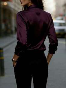 Women's Satin Long Sleeve Button-Up Shirt With Collar, Elegant Ladies Polyester Blouse Top Spring - 紫色 - 查看 3