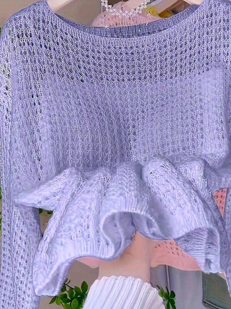 Casual Loose Solid Color Hollow Relaxed Style Knit Top For Women Summer - Purple - View 3