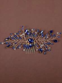 1 chiếc lược cài tóc hình lá bằng hợp kim đính ngọc trai thủ công thanh lịch dành cho nữ, phụ kiện cài tóc cô dâu cho đám cưới, tiệc tùng và các buổi họp mặt. - Màu xanh lam - Xem 3