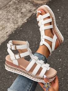 女士罗马风格坡跟凉鞋，全新夏季设计，鳄鱼纹压花多带，编织铆钉草饰边，舒适厚底露趾鞋，休闲度假百搭 - 白色 - 查看 2