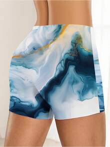 Plu Women's High-Waisted Athletic Workout Shorts - Quick-Dry Non-Bulky Marble-Like Marbled Design With Blue/White/Golden/Black/Golden Hues, Mid-Rise Sturdy Leg Openings, Stretchy Tummy Control Fabric Yoga, Running, Gym & Casual To Formal Events - All-Season Elegant Athletic Shorts, Plus Size Gym Shorts, Yoga Shorts Ladies Plus Size, Plus Size High Waisted Shorts Women, Workout Clothes Women, Shorts Gym Plus - 彩色 - 查看 4