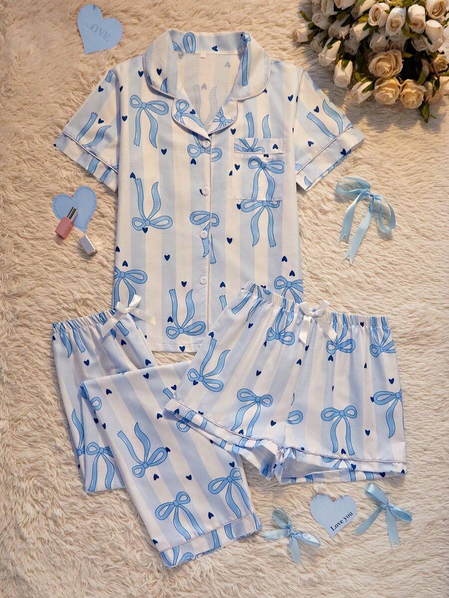3pcs/Set Women's Casual Loose Comfortable Striped Heart & Bow Print Pocket Front Button Short Sleeve Top And Shorts/Pants Pajama Set, Spring/Summer - Blue and White - View 1