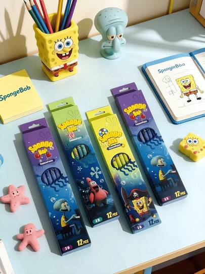 SpongeBob SquarePants 1pc/6pcs/12pcs Themed Pencil Set, Includes Characters Like Patrick, Squidward, Mr. Krabs, Sandy, Gary, Etc. High-Quality Creative Student Stationery Pencils (1 Box = 12pcs), Cute Cartoon Supplies, Smooth Touch, Fluent Writing