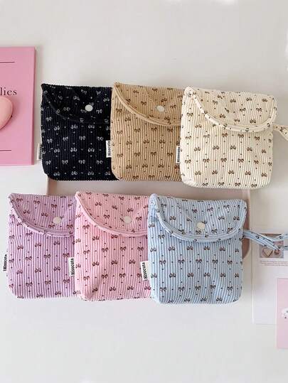 1pc Lovely Bow & Striped Pattern Makeup Bag Multi-Functional Zipper Cosmetics Bag, Portable Travel Pouch Soft Fabric Sanitary Napkins Storage Bag Corduroy Period Bag School Supplies Cosmetic Lipstick Bag Travel Essentials Make Up Bag