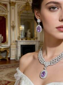 Bộ trang sức 2 món đính đá thạch anh tím mộng mơ, thiết kế đính đá màu bạc thanh lịch, phù hợp cho đám cưới/tiệc tùng. Bộ dây chuyền và bông tai đa năng. - Nhiều màu - Xem 5