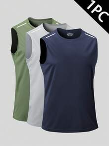 New Men's Sports Sleeveless Vest, Round Neck Solid Color Running Tanks, Suitable For Outdoor Gym, Jogging And Training - Blue - View 1