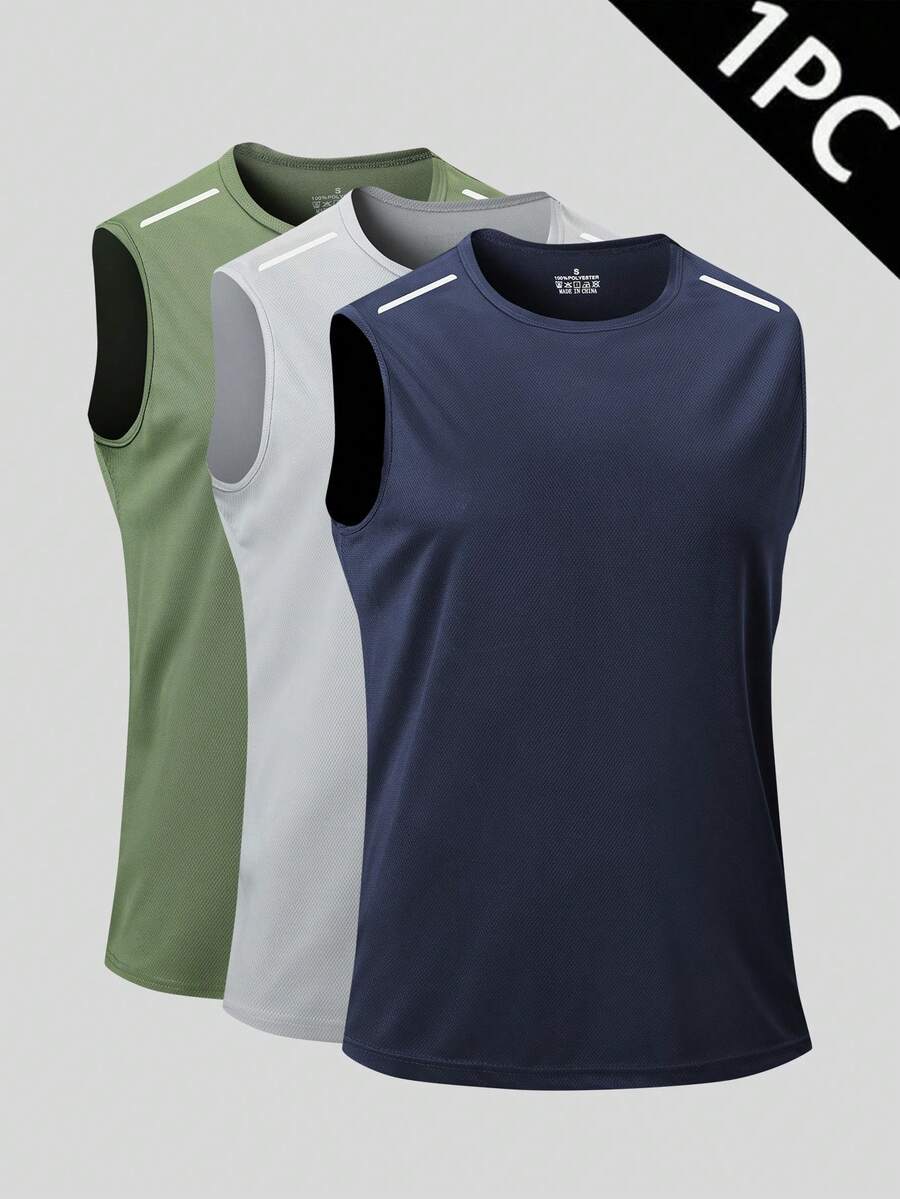 New Men's Sports Sleeveless Vest, Round Neck Solid Color Running Tanks, Suitable For Outdoor Gym, Jogging And Training - Blue - View 1