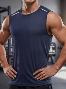 New Men's Sports Sleeveless Vest, Round Neck Solid Color Running Tanks, Suitable For Outdoor Gym, Jogging And Training - Blue - View 6