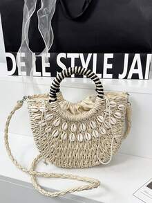 Woven Shell Beach Bag | Detachable Shoulder Strap . Vacation Beach Bag . Multifunctional Fashion Women Handbag] Contrast Color Handle: Black And White Striped Wrapped Round Handle, Retro Eye-Catching, Comfortable Grip, Instantly Become The Focus When Traveling - Multicolor - View 3