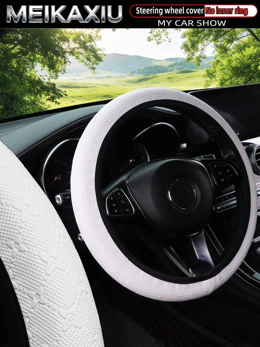 MEIKAXIU Star & Square Flower Pattern Steering Wheel Cover, Fit 14.5-15 Inch Steering Wheel, Car Interior Accessories For Women - Star-embossed PU Leather Steering Wheel Cover - View 1