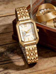 SOKI SOKI Montre pour femme, mode décontractée élégante, unique, vintage, cadran rectangulaire, bracelet avec strass, ensemble de bijoux, entraînement électronique et affichage à aiguilles, convient pour le port quotidien, la rentrée scolaire, cadeau d'anniversaire, fête et port décoratif pour les vacances - Doré - Voir 9