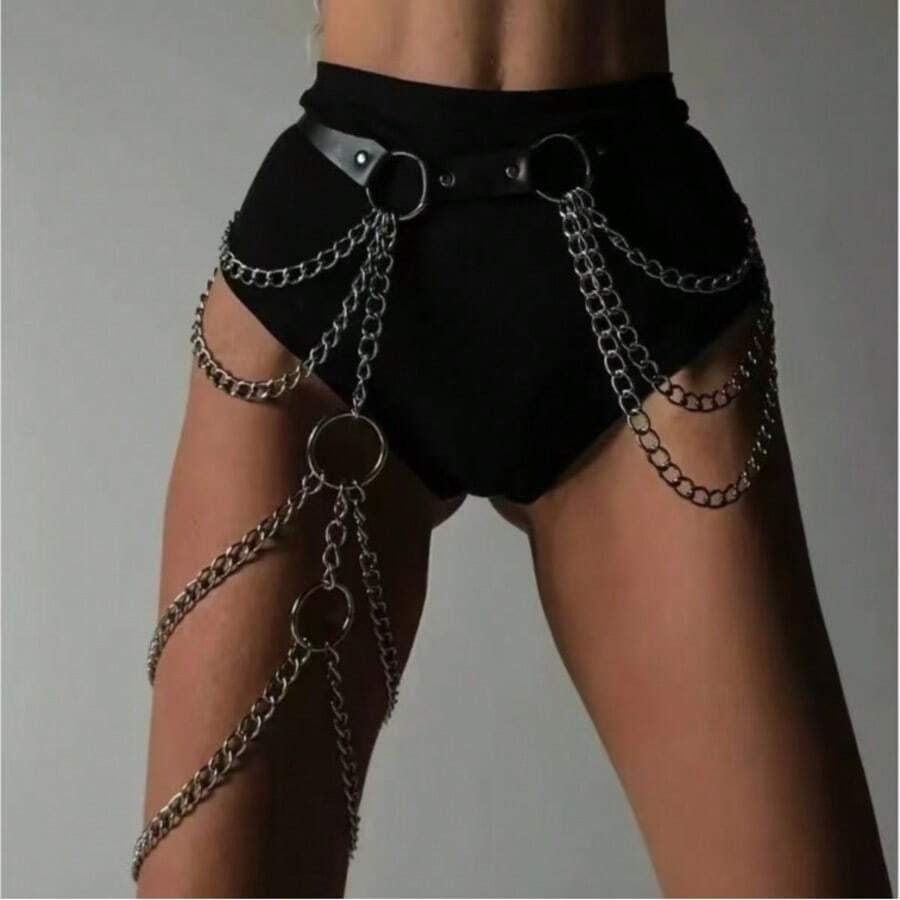 1pc Women's Black Leather Waist Belt Chain Harness, Punk Goth Style Accessory For Daily & Festival Wear - Black - View 1