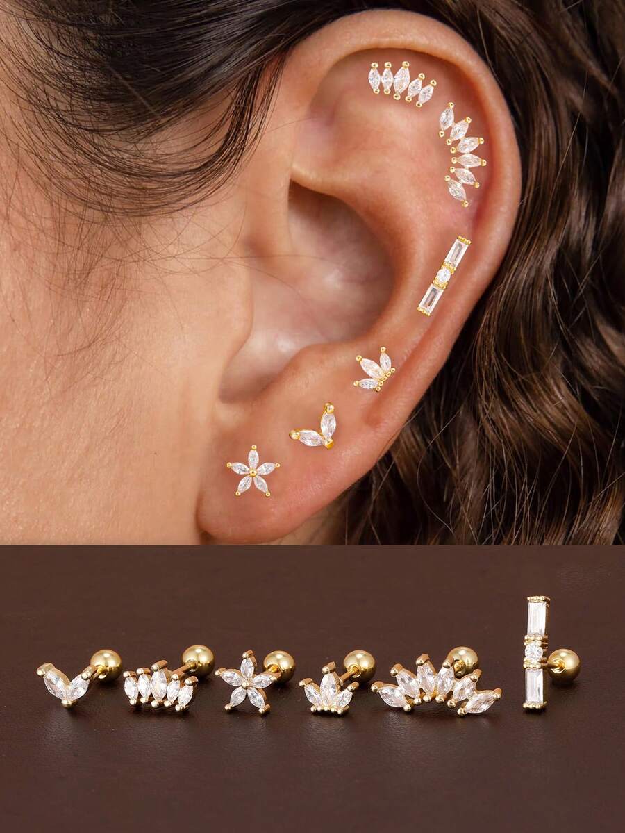 Bộ 6 khuyên tai đính đá Zirconia hình hoa bằng thép không gỉ mạ vàng 18K dành cho nữ, thích hợp cho xỏ khuyên tai sụn tai, vành tai. - Bộ 6 món - Xem 1