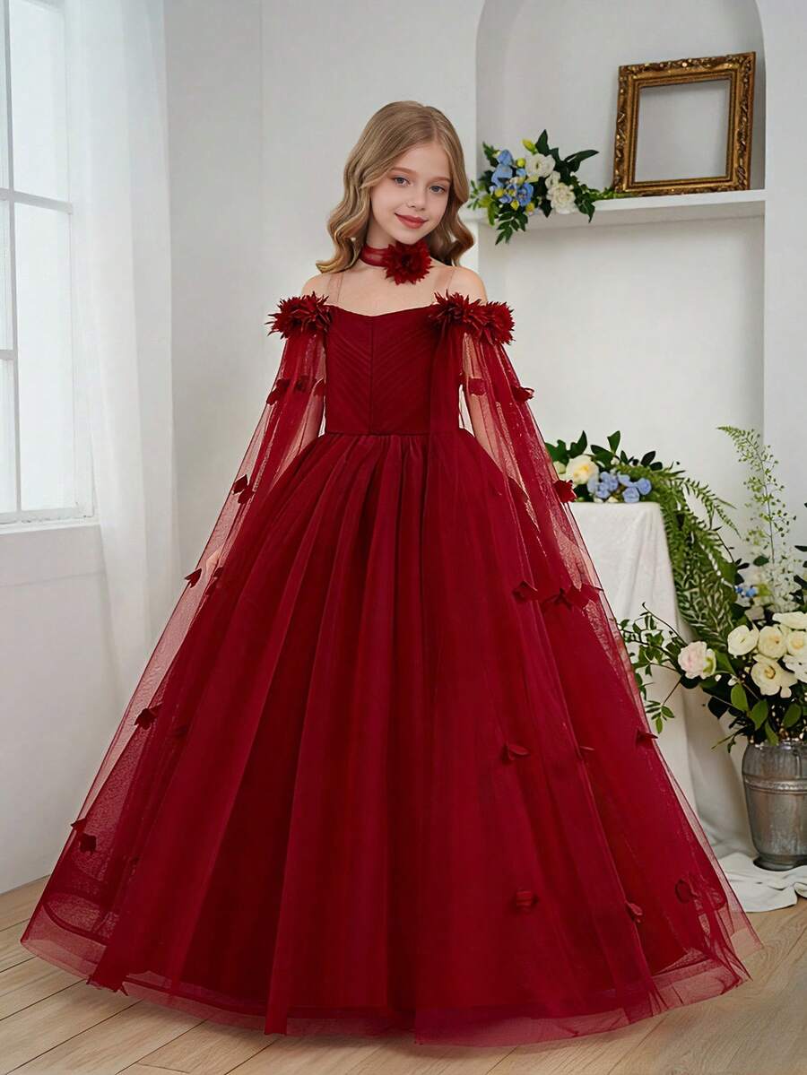 长款花卉网纱连衣裙，优雅迷人，适合学校演出、派对及其他场合，不含发饰。 - 酒紅色 - 查看 1