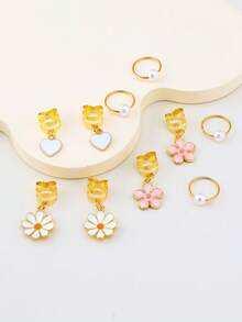 10pcs Boho Gold Hair Cuffs With Flower & Heart Charms – Pearl Braid Jewelry Set - Gold - View 2