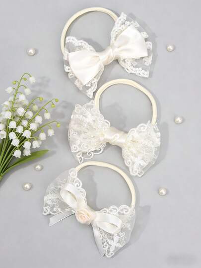 3 chiếc băng đô ren trắng cho bé, băng đô hoa cài tóc, băng đô co giãn bằng nylon cho trẻ sơ sinh, băng đô kiểu cổ tích, phụ kiện đội đầu dự tiệc cưới, quà tặng ngày lễ, phụ kiện tóc cho bé.
