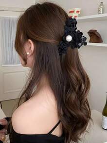 1个女士纯色刺绣花卉仿珍珠装饰大号发爪夹，优雅甜美风格，适合上学、派对、舞蹈和日常穿着，情人节礼物，夏季服装发夹沙滩配饰 - 彩色 - 查看 2