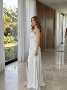 Long Party Dress, Twisted Fluity Knit Fabric, Waist, Side Slit, Bridesmaid, Guest, Wedding, Graduation, Formal Event, Gala - trắng - Xem 2