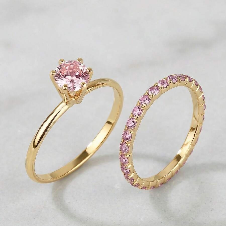 Kit With Two Solitaire Rings And Wedding Band Ring Studded With Baby Pink Rhinestones Gold Plated - Vàng - Xem 1
