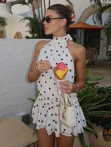 New European And American Style Fashion Halter Backless A-Line Polka Dot Print Tie Waist Dress White Wedding Party - White - View 4