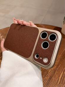Fashion Lychee Pattern Large Window Phone Case For IPhone 17 Pro Max, 17 Pro, 16 Pro Max, 15, 14 Pro, 13, 12 Pro, 17, With Camera Protection, Matte Soft Anti-Fall Protective Cover - Dark Brown - View 2
