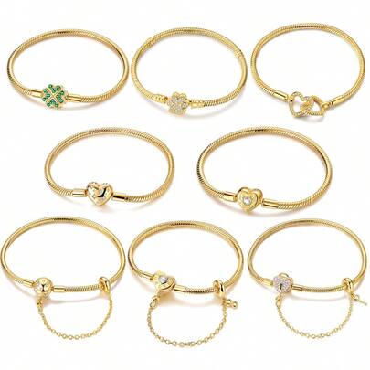1pc 18K Gold Plated Bracelet Series With Heart Claw Print, Star, Lucky Clover, Safety Chain, Charm Bracelet/Bangle, Suitable For DIY Jewelry Making With Beads And Pendants
