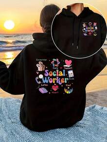 Mommy And Me Women's 100% Cotton Short Sleeve Tee, Hooded Sweatshirt With Front And Back Print, Social Worker, Care-Themed Print Hoodie, Drawstring Casual Hoodie,, Women's Clothing.For Summer Crew Neck Tee Mother's Day Gift - Black - View 8