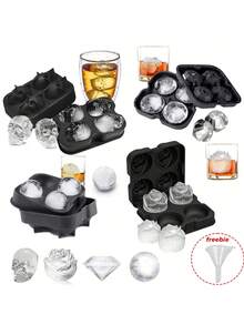 1包 矽膠冰塊盤，骷髏頭&玫瑰花&鑽石形狀冰塊模具，適用於冷藏雞尾酒、威士忌和果汁 - 黑色 - 查看 2