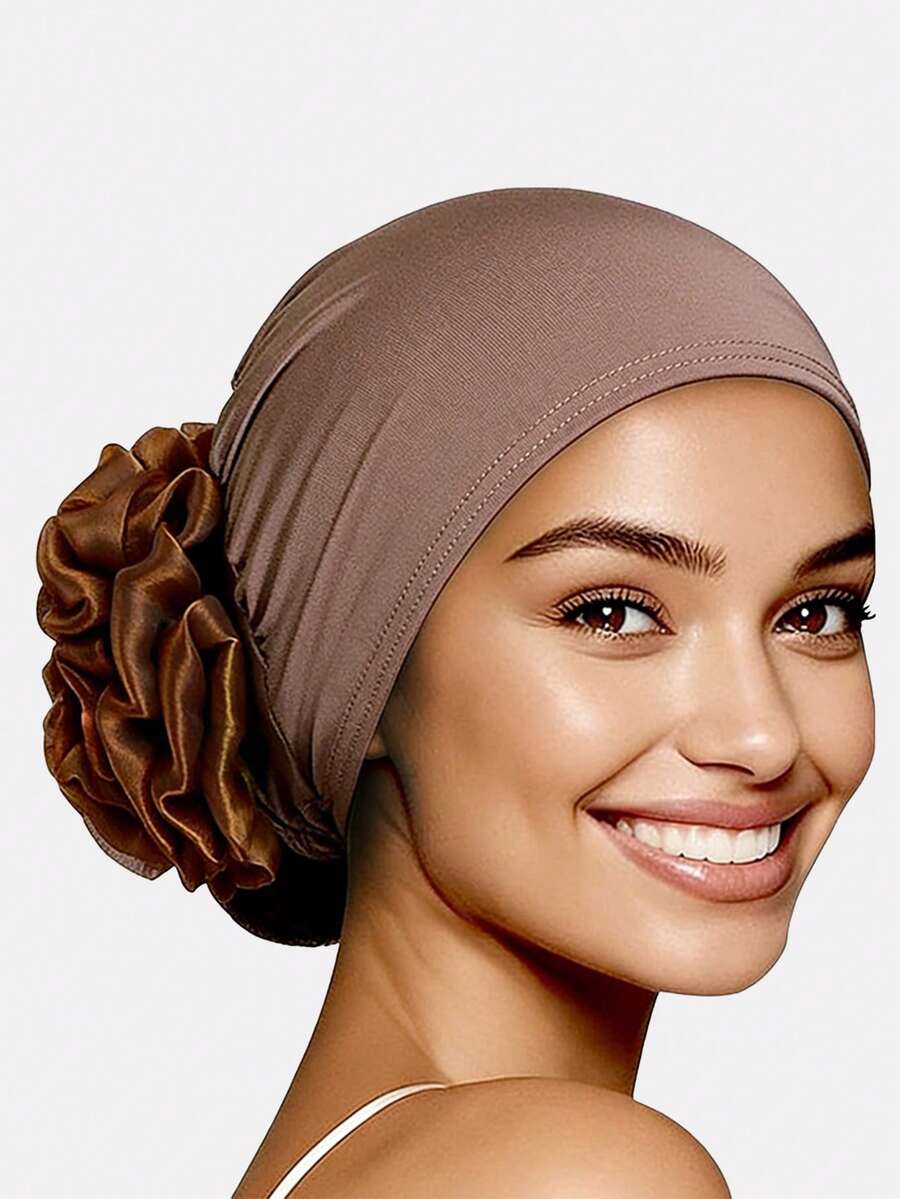 1pc Women's Muslim Hijab Cap With Floral Design, Elastic Headscarf, Polyester Fiber, Suitable For Daily Use - Multicolor - View 1
