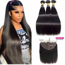直发人发束，带前额发片，13x6英寸，天然发束，人发接发，3束装，带13x6英寸高清透明前额发片 - Natural Black - 查看 11