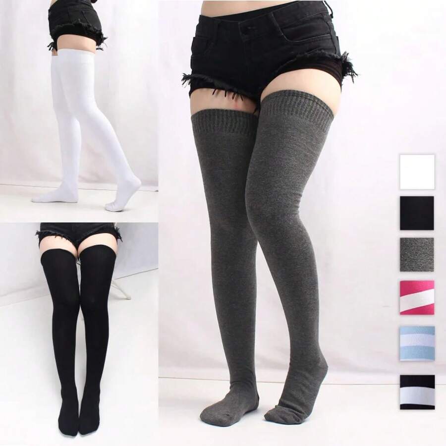 1 Pair Women's Over The Knee Socks Combed Cotton Thigh High Socks Plus Size Long Loose Fit Striped Fashion Casual Daily Wear - 黑色 - 查看 1