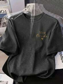 女士休闲圆领短袖T恤，饰有婚礼主题图案和“新娘团”字样，适合日常穿着、婚礼、春夏秋季穿着。 - 深灰色 - 查看 7