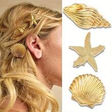 Golden Starfish Hair Clips | Mermaid Shell Metal Hairpins | Seashell Theme Beach Party Alligator Clips | Wedding Starfish Hair Accessories | Women's And ' Hair Accessories 3pcs Set - 1 Starfish + 1 Conch Shell + 1 Seashell - View 5