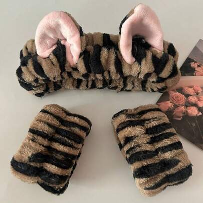 Dây buộc tóc tai mèo chấm bi họa tiết da báo đáng yêu, chống thấm nước, đa năng, dùng cho trang điểm và chăm sóc da (3 chiếc).