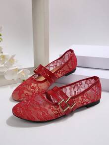 西部风波西米亚镂空假日女士圆头平底套脚鞋，单带设计，蕾丝透气，适合妈妈/奶奶穿着，玛丽珍鞋 - 紅色 - 查看 6