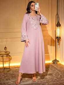 Elegant Pink Arabic Robe, Beaded Embellished, Long Sleeve Round Neck, Woven Fabric, Maxi Length Spring - Watermelon Pink - View 5