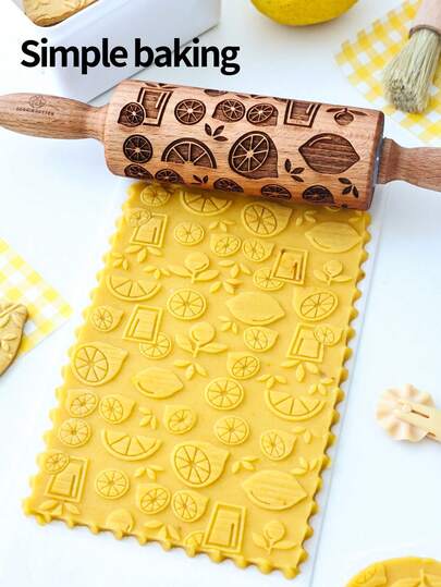 1个激光雕刻压花榉木擀面杖，可爱恐龙柠檬图案，亲子DIY烘焙饼干模具