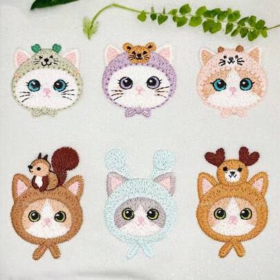Bộ 6 miếng vá thêu, có keo dán, thích hợp cho quần áo, mũ, áo khoác, bộ miếng vá thêu hình mèo hoạt hình tự làm, thích hợp để trang trí ốp điện thoại, túi xách và quần áo.