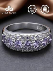 1pc S925 Sterling Silver Wide Purple Engagement Ring For Women, Couple's Token For Valentine's Day, Unique Accessory For Commute, Dating, Wedding, Celebration, Suitable For Daily Wear, Weddings, Holidays Like Easter, Halloween, Valentine's Day, Mother's Day, Birthday, Comes With Gift Box - Wide Band Purple Women's Ring - View 2