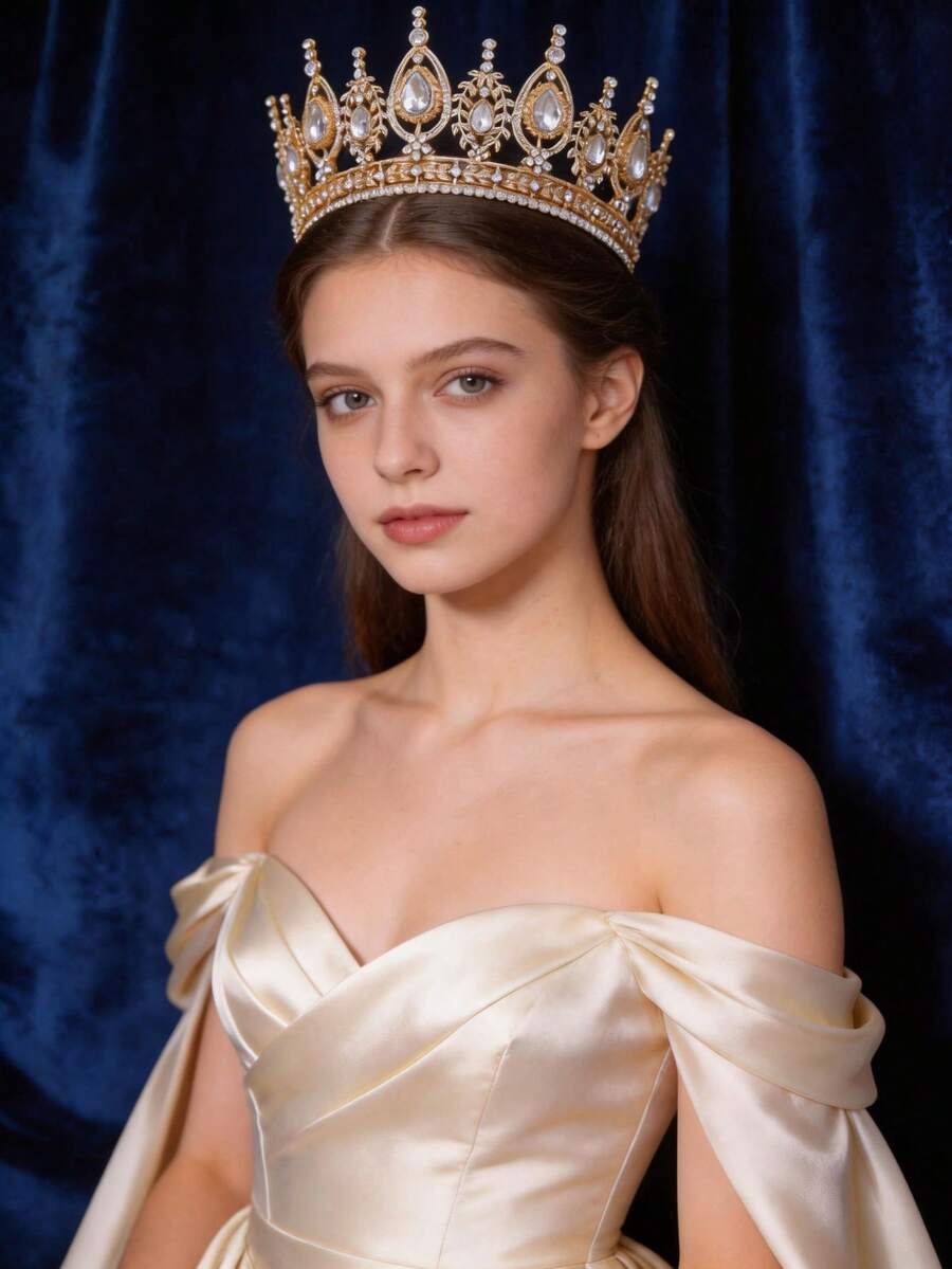 1件优雅女士水晶皇冠，新娘婚礼头饰，闪亮水钻皇家皇冠 - 金白色 - 查看 1