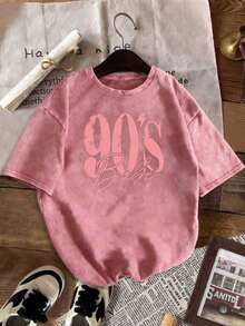 Plus Size - Plus Size - A Vintage Washed T-Shirt Designed For Plus-Size Women, Featuring Letter, Plant, And Animal Patterns And Classic Designs.   This Garment Elegantly Blends Vintage Elements With Street Fashion, Making It A Must-Have Item For The Holidays. Anti-Wrinkle Washed Cotton T-Shirt - 玫紅色 - 查看 5