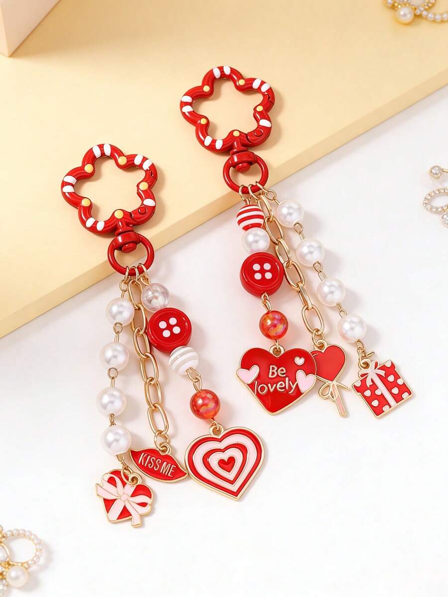 1pc Beaded Lip Keychain, Heart Shaped Keyring Gift Set, Girl Bag Charm - Multicolor - View 1