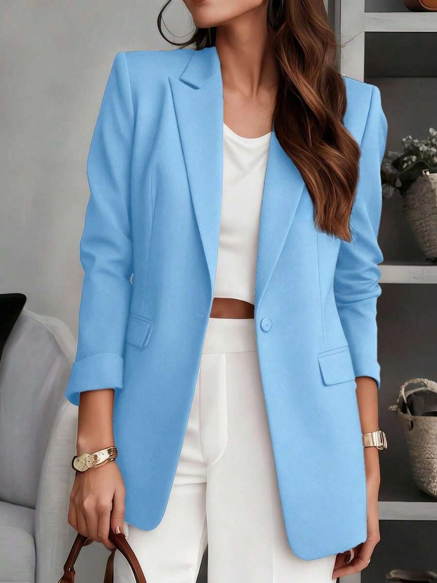 Women's Solid Color Notched Collar Blazer Jacket, Button Front Pocket Design, Long Sleeve Office Wear, Versatile For Business And Casual, Suitable For Autumn, Winter And Spring - Blue - View 1