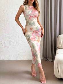 LOVE JOYY 女士时尚印花无袖修身长款连衣裙，优雅修身夏季吊带裙，适合约会、派对、度假和日常出行 - 彩色 - 查看 4