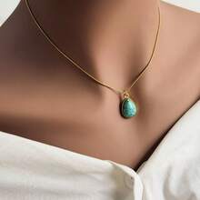 1pc Minimalist Versatile Asymmetrical 3D Malachite Turquoise Necklace, 18K Gold Plated Stainless Steel Choker, Suitable For Women's Daily And Party Wear - Yellow Gold - View 15