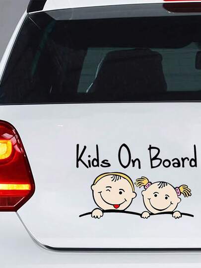 1张可爱卡通兄妹“车内有儿童”防水汽车警示贴纸，婴儿安全提醒贴，适合贴在后窗上装饰