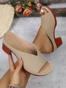 Sandalias de tacón alto con suela gruesa y transpirables de PU para mujer, tacones altos de moda con punta abierta, sandalias para uso en exteriores - Caqui - Ver 5